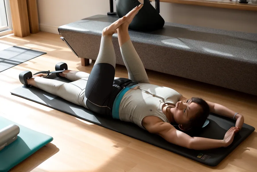 Laptop mit Pilates-Präventionskurs auf einem Tisch neben einer Trainingsmatte.