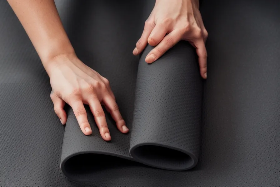 Nahaufnahme von Händen auf einer Pilatesmatte während einer Übung im Wohnzimmer.
