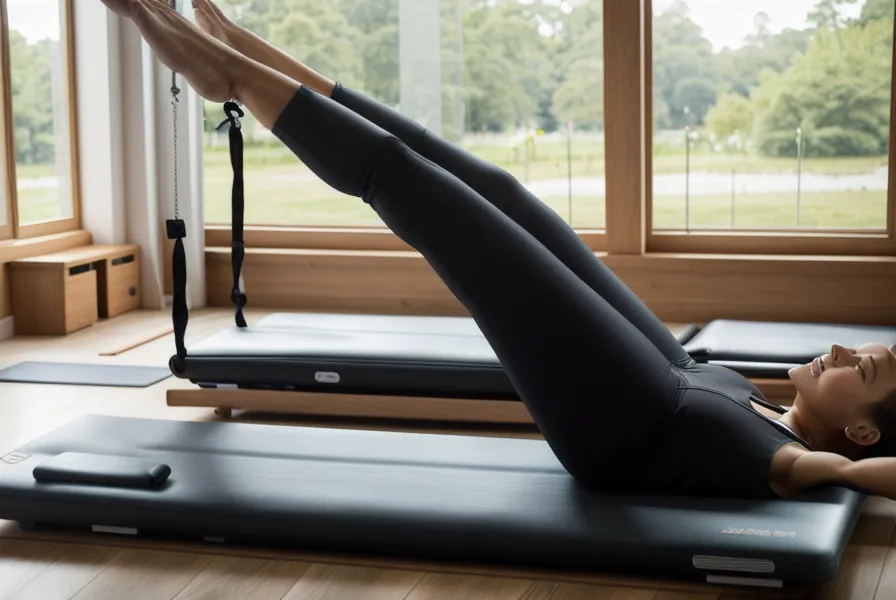 Ein Tablet auf dem Boden zeigt ein Pilates-Video für das Training zu Hause.
