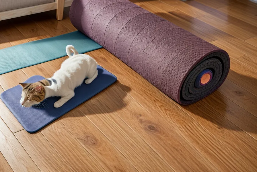 Nahaufnahme von Händen auf einer Pilatesmatte in einem hellen Wohnzimmer.