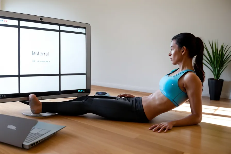 Ein Laptop mit einem Pilates-Onlinekurs auf einem Couchtisch im Wohnzimmer.