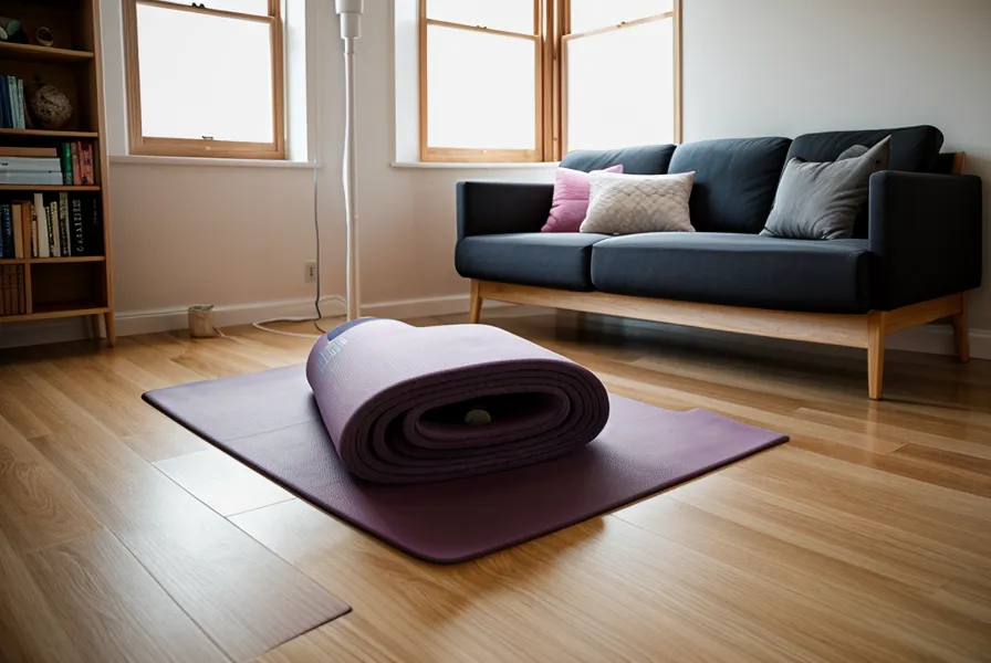 Ein Laptop mit einem Pilates-Onlinekurs auf einem Couchtisch im Wohnzimmer.