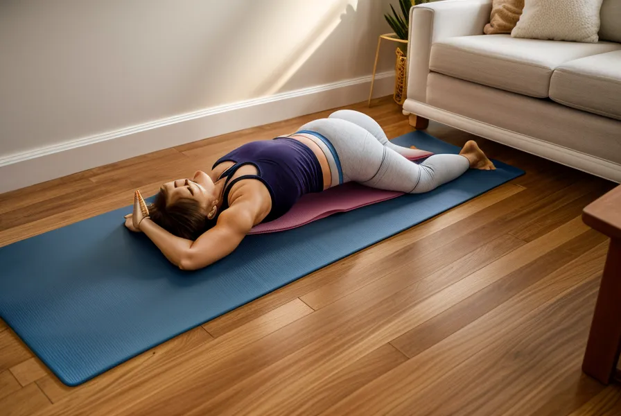 Eine Katze, die neugierig am Rand einer Pilatesmatte im Wohnzimmer sitzt.