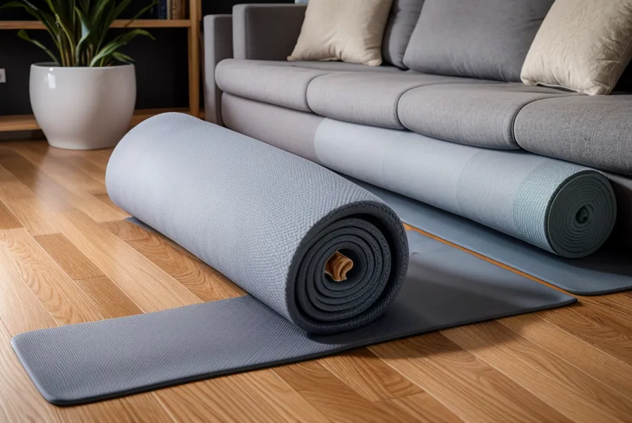 Ein Laptop mit einem Pilates-Onlinekurs auf einem Tisch neben einer Trainingsmatte.