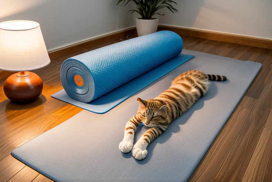 Eine Katze sitzt neugierig am Rand einer Pilates-Matte im heimischen Wohnzimmer.